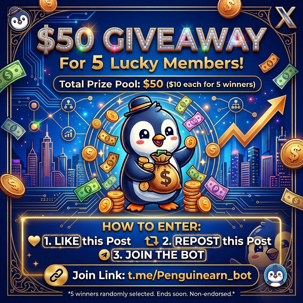 Penguinoffic's tweet photo. 🎁 $50 GIVEAWAY ALERT! 🎁

​5 winners get $10 EACH! 💵 (48 Hours Only ⏳)

​📌 Rules:
1️⃣ Like ❤️ &amp; Repost 🔁
2️⃣ Join: https://t.co/1nVHhk1utO

​#Giveaway #Crypto #Airdrop #FreeMoney #Web3 #earnbot #penguinearn #taks https://t.co/yMEW7ZILEF
