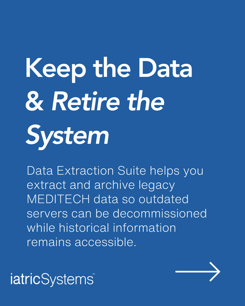 IatricSystems's tweet photo. Data Extraction Suite helps you preserve the MEDITECH data your organization still needs without having to stay tied to aging systems longer than necessary. 

Learn more here: https://t.co/kJlTheHSif https://t.co/TB0n7A1jYe