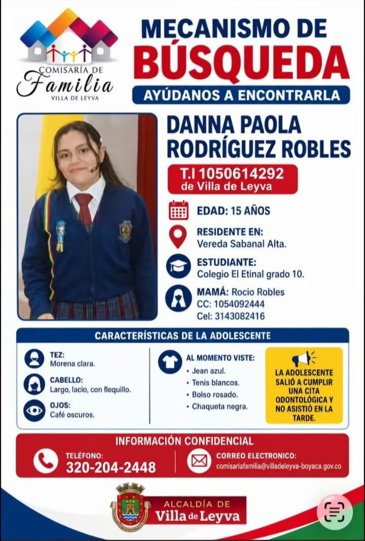 NCTNOTICIAS's tweet photo. 🚨 Buscan a Dana Paola Rodríguez Robles, de 15 años, desaparecida desde el 13 de septiembre. Reside en la vereda Sabanal Alta y cursa grado 10°. Su familia pide apoyo para encontrarla. Información: 314 308 2416. 🙏 https://t.co/p4jU6ao6Ue