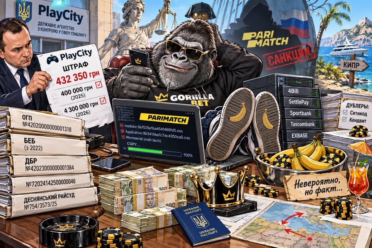 N_NO_F's tweet photo. PlayCity оштрафовала Gorilla на 432 тысячи за чужой софт. Производства по Parimatch тянутся годами — до клона очередь не дошла
#PlayCity оштрафовала ООО «#Гориллабет» на 432 350 гривен: внеплановая проверка обнаружила программное обеспечение поставщиков без украинской B2B-лицензии. Оператора уже наказывали: на 400 тысяч осенью 2025 года за просроченный ответ и на 4,3 млн в июне 2026-го за допуск игрока из реестра ограниченных лиц. При этом лицензия #КРАИЛ №417 от 27 августа 2024 года остается действующей. ЕГРПОУ 45300713, уставный капитал — 30 млн грн, бенефициар — Андрей #Рындюг. До него фирмой владела Екатерина #Клео — та же, которая фигурировала как учредитель ООО «#Оксивей» в производстве #ОГП №42020000000001318 от 16 июля 2020 года по ч. 3 ст. 212, ч. 2 ст. 205-1, ч. 2 ст. 366 и ч. 2 ст. 209 УК, сообщают Карты, деньги, офшора
Технический аудит еще в 2025 году показал проблему серьезнее, чем отсутствие лицензии у поставщика. Платформа Gorilla загружала те же JS-файлы с теми же хешами, что и зеркало подсанкционного Parimatch, — #CSS modulor.9a1525e1ba454f460fd5.css и Application.9b3416ba1c7dc4350ca5.css, шрифт #Montserrat с CDN https://t.co/CH2GNMoBcL, каталоги иконок GRL вместо PRJ3. Хост пополнения ранее обслуживал и #Parimatch, и российское «Ставки.бет». КРАИЛ на жалобы отвечала, что направила запросы в СБУ, но «недостоверность сведений не установлена». При этом отдельные зеркала букмекера #НЦУ все же заблокировал распоряжением №496/2301.
Parimatch находится под санкциями СНБО с 10 марта 2023 года сроком на 50 лет, а 8 августа его лицензии были аннулированы. 13 июня 2024 года налоговая выставила ООО «Париматч» (ЕГРПОУ 43363902) налоговое уведомление-решение №0539440707 на 23,28 млрд грн. В августе того же года БЭБ сообщило о «добровольной» уплате 1,07 млрд грн, после чего производство по уклонению от уплаты налогов по ч. 4 ст. 212 могло быть закрыто.
Обращение по «#Гориллабет» БЭБ в июне 2025 года приобщило к своему производству, открытому еще в сентябре 2022-го по ч. 3 ст. 212, ч. 2 ст. 203-2, ч. 2 ст. 229 и ст. 209 УК. Отдельно ГБР расследует производство №42023000000001384 от 23 августа 2023 года по статьям о государственной измене, незаконных азартных играх, отмывании денег, налоговых преступлениях и вмешательстве в работу электронных систем. В материалах фигурируют #Sportbank, карты #Таскомбанка, SettlePay, 4Bill, EXBASE и платежные шлюзы самой группы Parimatch.
Есть и второе производство — №72024142500000046 от 11 декабря 2024 года. Определение Львовского апелляционного суда по делу №463/36/24 прямо указывает, что интернет-платежи Sportbank проходили через 4Bill и SettlePay, связанные с орбитой подсанкционного букмекера. После обысков в Sportbank #ГБР сообщало, что доказательств против Измайлова и #Савченко «не получено».
Деснянский райсуд в деле №754/3573/25 уже фиксировал «Гориллабет» в заявлении об организованной группе вокруг онлайн-казино #PariMatch. Активисты называют дублерами также ООО «#Ситикод» и «#Кендвит».
В мае 2025 года журналисты сняли празднование дня рождения Константина Коломийца, охранника владельца Parimatch Сергея Портнова с Кипра. Среди присутствовавших были руководитель экономического управления СБУ Анатолий #Лойф, его предшественник Артем Шило и бывший руководитель информационной безопасности СБУ Илья Витюк. После публикации Лойфа сняли с должности. Шило позднее оказался в #ВАКС по делу о схемах на «#Укрзализныце».
Спустя два года после технического аудита регулятор увидел в Gorilla использование софта поставщика без необходимой лицензии и выписал 432 350 грн штрафа. При этом производства №42023000000001384 и дело БЭБ, открытое еще в 2022 году, продолжаются, а лицензия самой «Гориллабет» остается действующей.
Невероятно, но факт....
https://t.co/eAxuMg2vj2