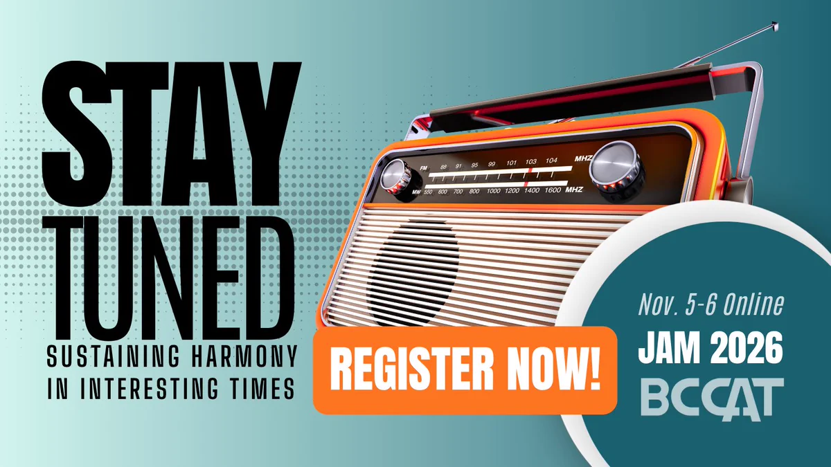 Vintage radio (orange), headlining promotion of JAM 2026 (Nov. 5-6, online). Registration is now open!