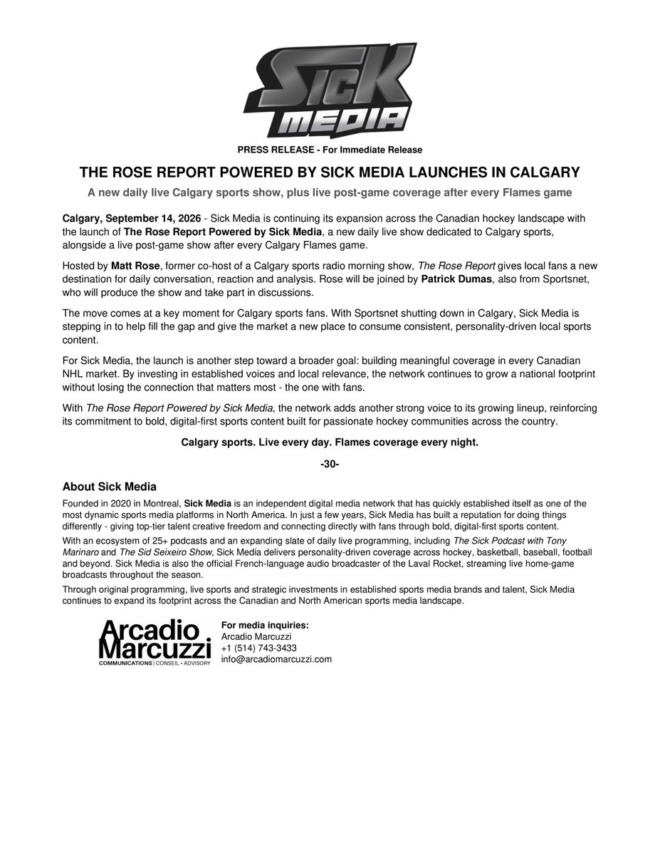 sickmediaco's tweet photo. Sick Media is proud to announce the launch of The Rose Report Powered by Sick Media, a new daily Calgary sports show hosted by Matt Rose, with Patrick Dumas joining the program.

@MattRoseYYC is an established voice in the Calgary sports market and a former co-host of a local sports radio morning show, bringing years of experience covering the teams and stories that matter most to Calgary fans.

The Rose Report will deliver daily conversation, reaction and analysis on Calgary sports, along with live post-game coverage following every Calgary Flames game.

The launch marks another step in Sick Media’s continued expansion across Canadian hockey markets, with a focus on established local voices and consistent, personality-driven coverage.

#sick