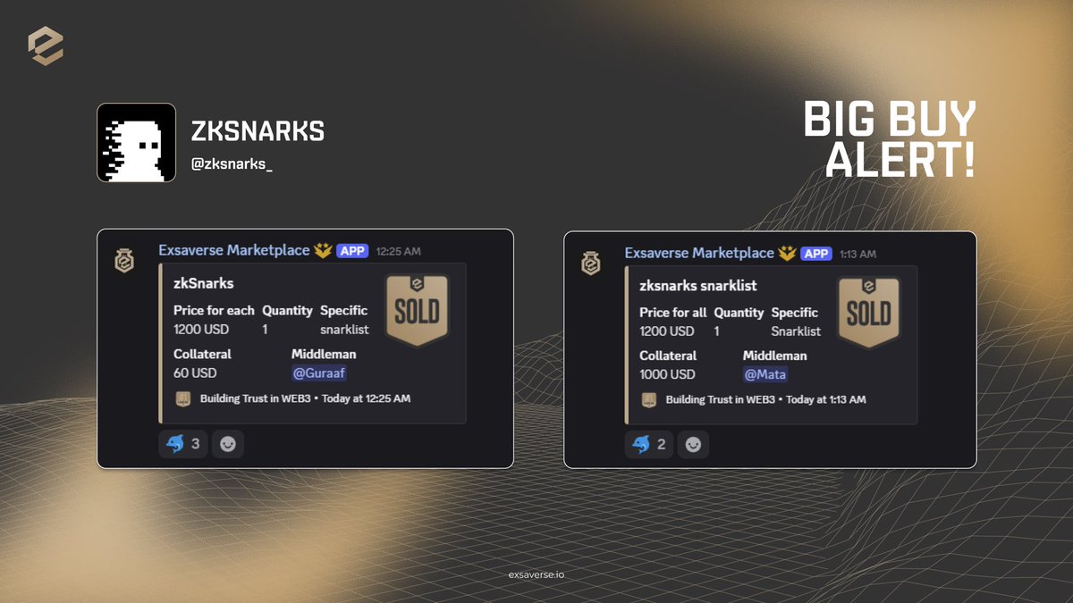 exsaverse's tweet photo. BIG BUY ALERT

$1,200 for a single @zksnarks_ snarklist on exsaverse. and it happened twice tonight.

$2,400 total. the conviction is real. https://t.co/5fMSvHbONa