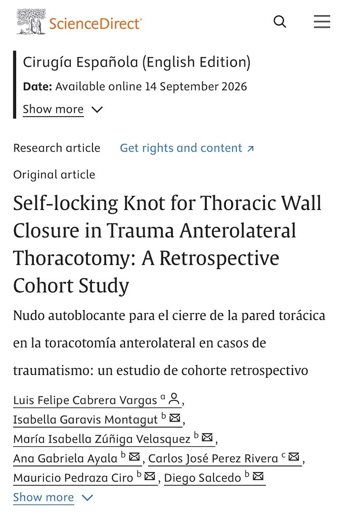 PipeCabreraV's tweet photo. Proud of our new publication about the Self-locking Knot for Thoracic Wall Closure in Trauma Anterolateral Thoracotomy! With the leadership of Dr @izunigav ! And the team work of @carlosperez_18 @ciropedroza ! @FSFB_Salud @uniandes @MediUniandes present! Link: https://t.co/4VrHC6SPmI