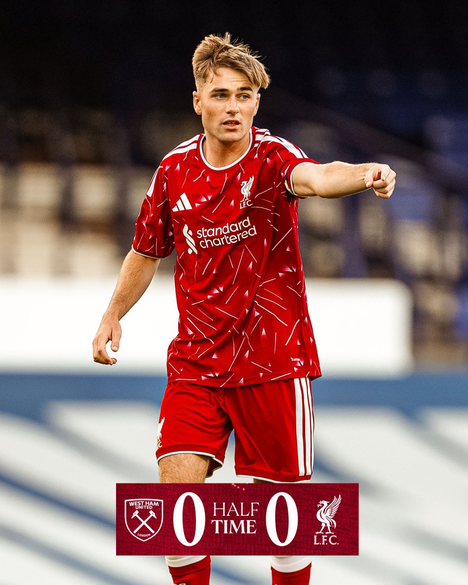 Half-time graphic for West Ham United U21s vs Liverpool U21s.
The half-time score is West Ham 0-0 Liverpool.