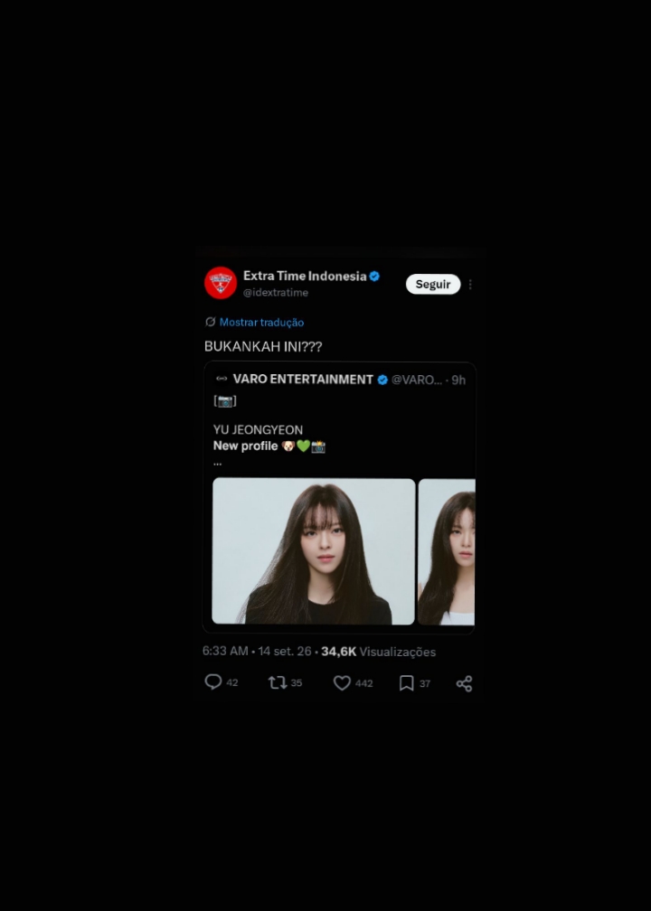 JEONGYEONBR_'s tweet photo. A página de mídia esportiva indonésia Extra Time Indonesia, que conta com mais de 1,5 milhão de seguidores, comentou sobre as novas fotos de JEONGYEON para seu perfil de atriz.

“NÃO É ELA???”

#JEONGYEON #정연 #TWICE #트와이스 https://t.co/6Bc9OSQKSO