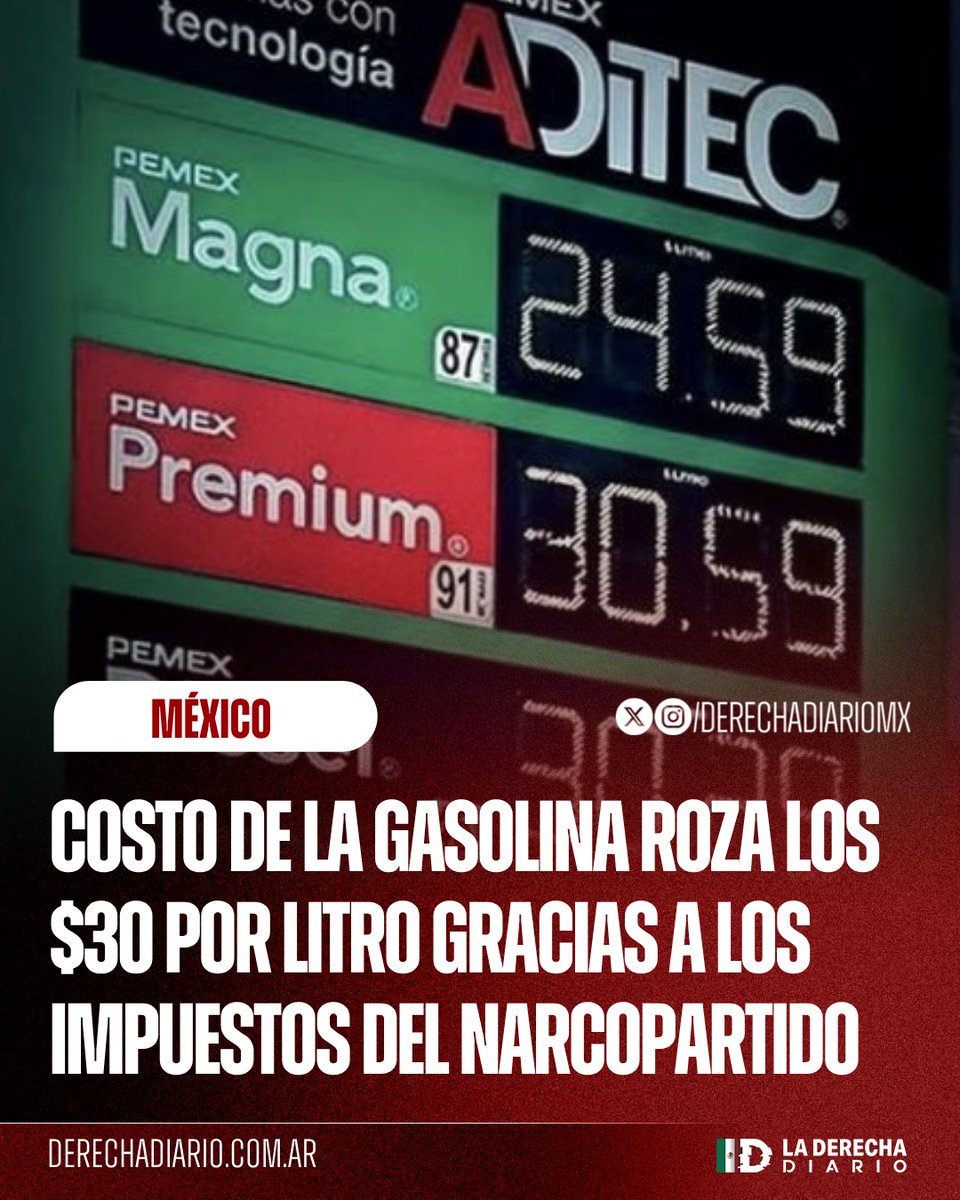 DerechaDiarioMX's tweet photo. 🚨🇲🇽 | GASOLINAZO DEL BIENESTAR: La 4T continúa sangrando los bolsillos de los mexicanos con precios de gasolina por las nubes, rozando los $30 pesos por litro en plena cuesta inflacionaria porque el socialismo no sabe administrar la economía sin robar. https://t.co/k3dfbSczge