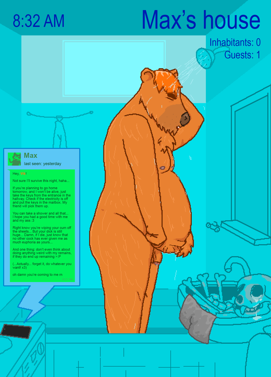pookiesaranhe's tweet photo. cw: fatal vore, bones

A cold shower in the morning gives you an energy boost for the whole day! 

...And helps you forget about the things that happened yesterday evening...

#vore https://t.co/RbQuCqm7WA