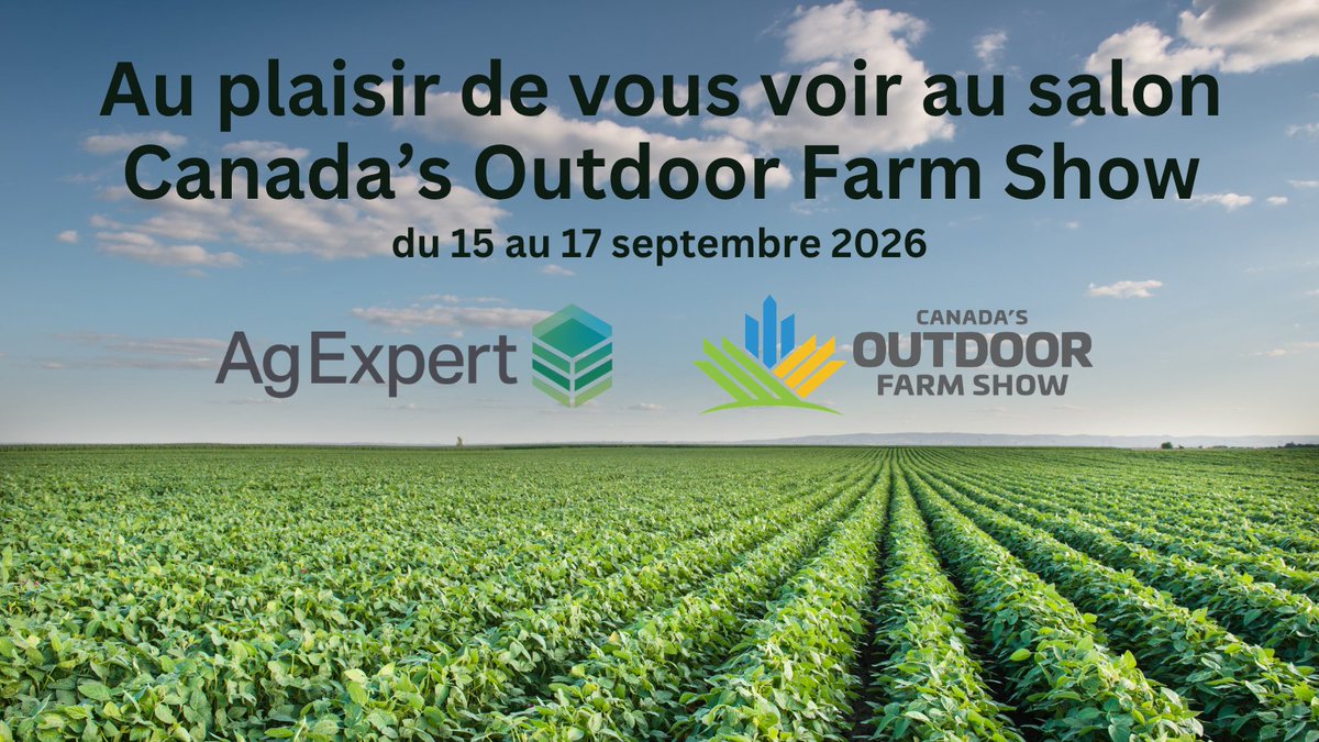 FACAgExpert's tweet photo. Vous vous demandez comment AgExpert peut faciliter votre comptabilité ou améliorer la planification de vos cultures? Ne nous croyez pas sur parole — du 15 au 17 septembre, lors du Canada’s Outdoor Farm Show à Woodstock, en Ontario, passez à notre kiosque et essayez le logiciel. https://t.co/icB0dvg4KB