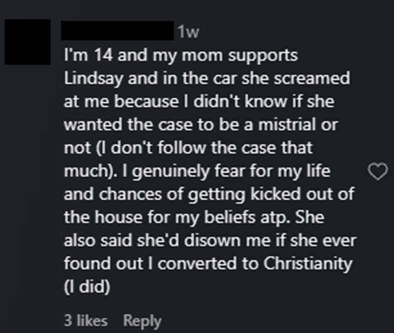 libsoftiktok's tweet photo. Found this in the comments on IG. Kid says he’s scared for his safety because his mother supports Lindsay Clancy https://t.co/do9efCEBg8