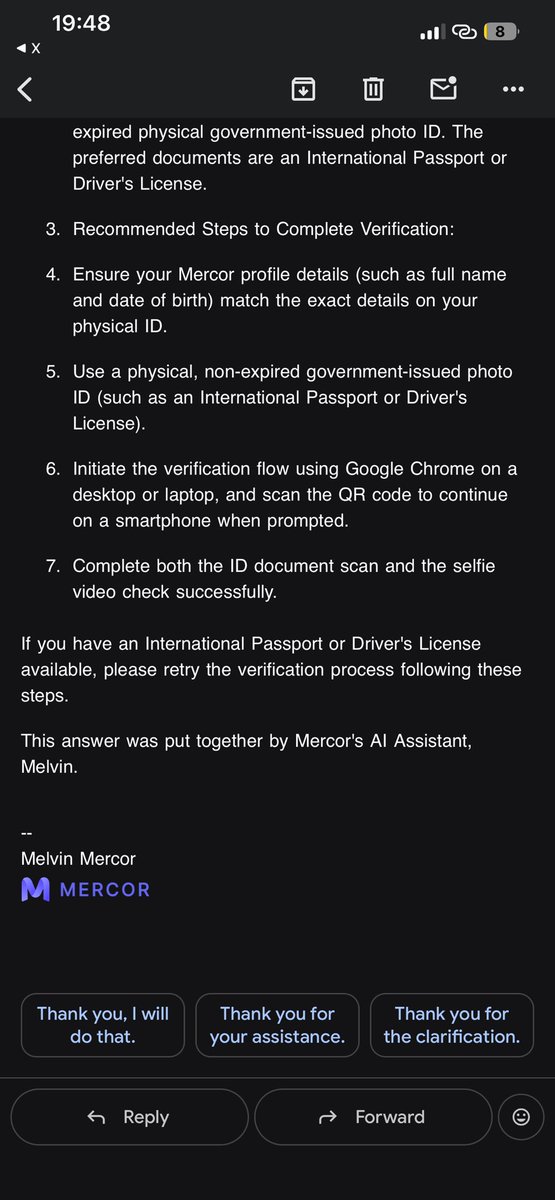 1stzion's tweet photo. Following up on the NIN verification issue, @rickcsong .

Mercor’s AI assistance says they cannot manually override or change the verification outside Persona, which seems to conflict with your response that Persona supports NIN.

I’ve attached the screenshot for context. https://t.co/wJVocEfiMX