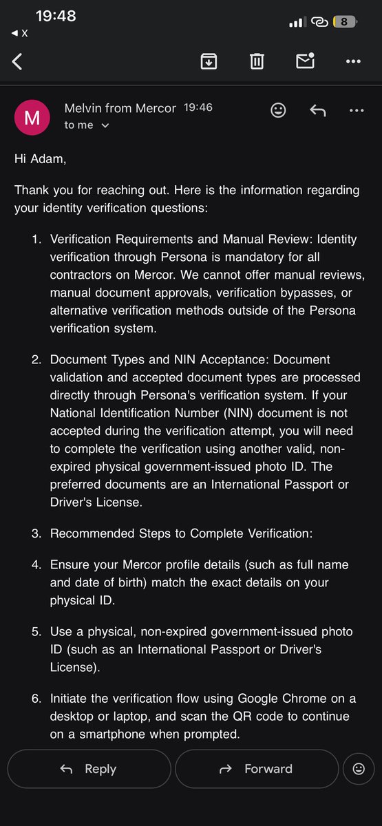 1stzion's tweet photo. Following up on the NIN verification issue, @rickcsong .

Mercor’s AI assistance says they cannot manually override or change the verification outside Persona, which seems to conflict with your response that Persona supports NIN.

I’ve attached the screenshot for context. https://t.co/wJVocEfiMX