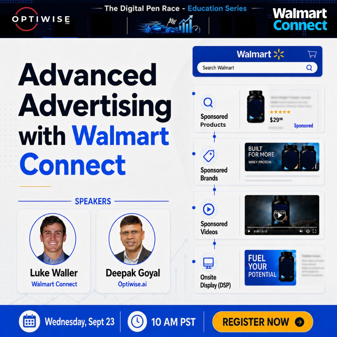 Optiwiseai's tweet photo. 🏁 The Digital Pen Race Education Series, sponsored by Walmart Connect, continues!

Take your Walmart advertising strategy to the next level in our upcoming session:

Advanced Advertising with Walmart Connect

👉 Register here: https://t.co/FQpHcqSfFk

#DPR #walmartsellers https://t.co/9CfylKWcFX