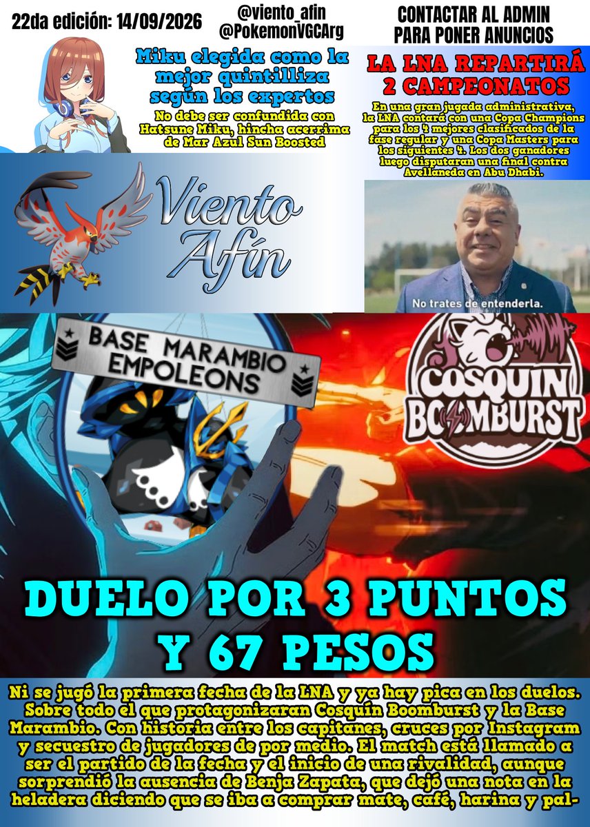 viento_afin's tweet photo. Se juega la primer fecha de la LNA y vos te informás en #LaTapaDeVientoAfín

Nuevo formato, nuevos equipos y nuevas rivalidades dan inicio a la ilusión de todos los jugadores de @PokemonVGCArg 

¿Quién empezará con el pie derecho y a que capitán le pedirán la renuncia primero? https://t.co/aEYstgH3BC