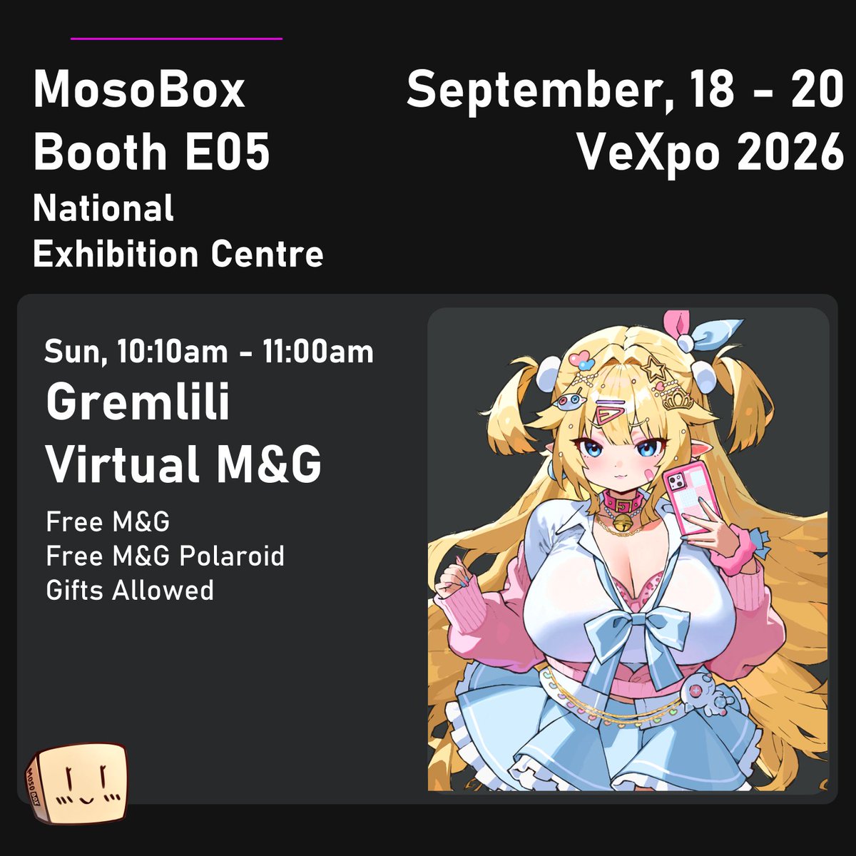 Gremlili's tweet photo. ARE YOU GOING TO VEXPO?! Woah, crazy babes, ME TOO!! (˶˃ ᵕ ˂˶)
Come meet your Princess in person! ♡

📅 Sunday, September 20
⏰ 10:00 AM–11:00 AM

🎁 Gifts are allowed, everything will be screened before being sent to me!
🚫 Please don’t bring perishables or anything similar!
💌 My recommendation: Love letters declaring your undying devotion to me, obviously ♡

SEE YOU THERE, GREMLINGS!!