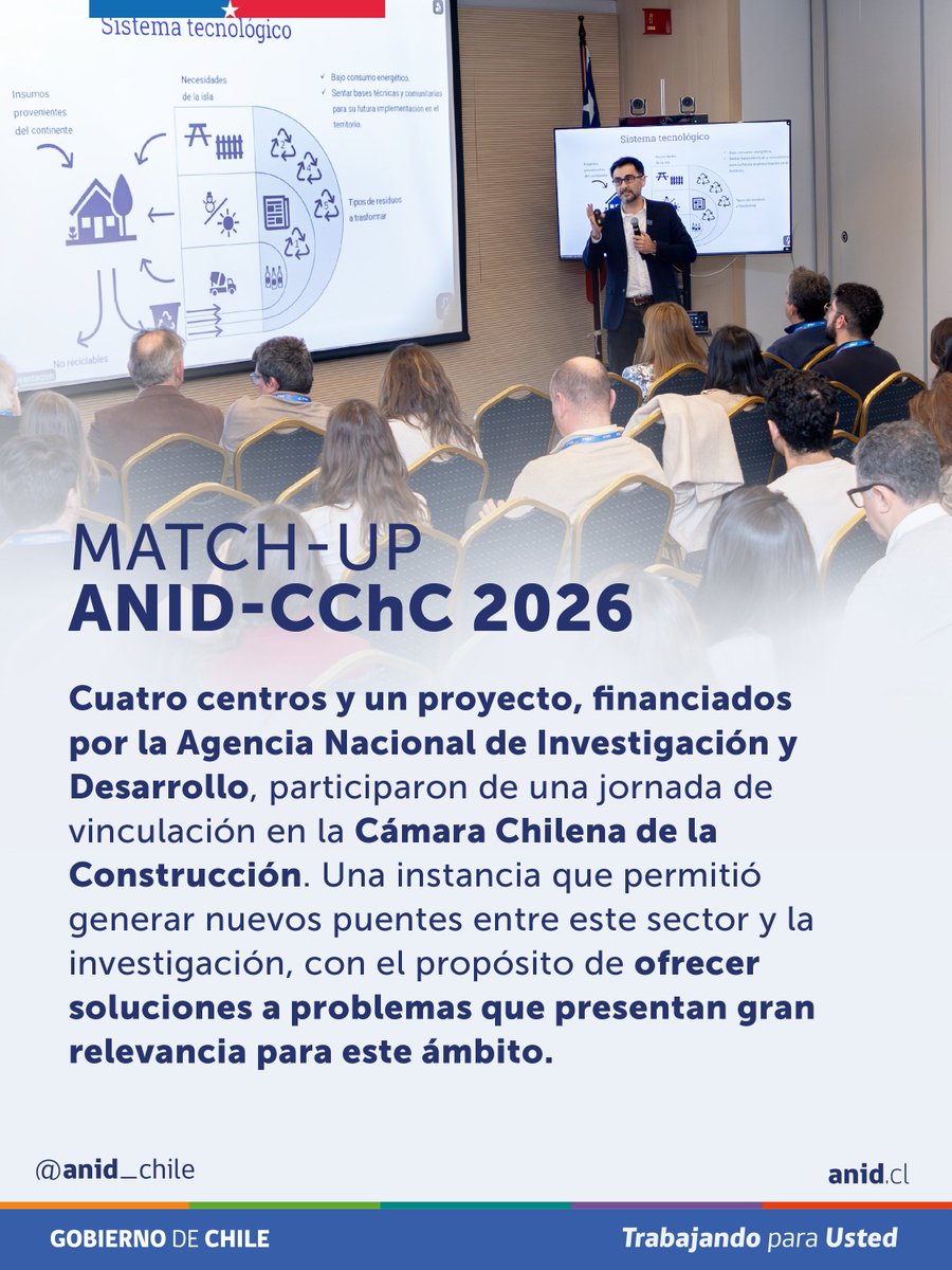ANID_Chile's tweet photo. Entregar respuestas a los desafíos de nuestro país en la industria de la construcción, en temáticas como sostenibilidad, productividad y digitalización, constituyen un reto para la investigación.

En esta nueva edición del Match Up ANID–CChC 2026, los centros @cenamad_chile, CIMAC, @cipachile, @CMMUChile, y el proyecto “Aplicación modular para fortalecer la resiliencia de la infraestructura urbana frente a lluvias excesivas producto del cambio climático”, acercaron su trabajo al sector de la construcción, propiciando el encuentro entre la ciencia, la innovación y la experiencia productiva.