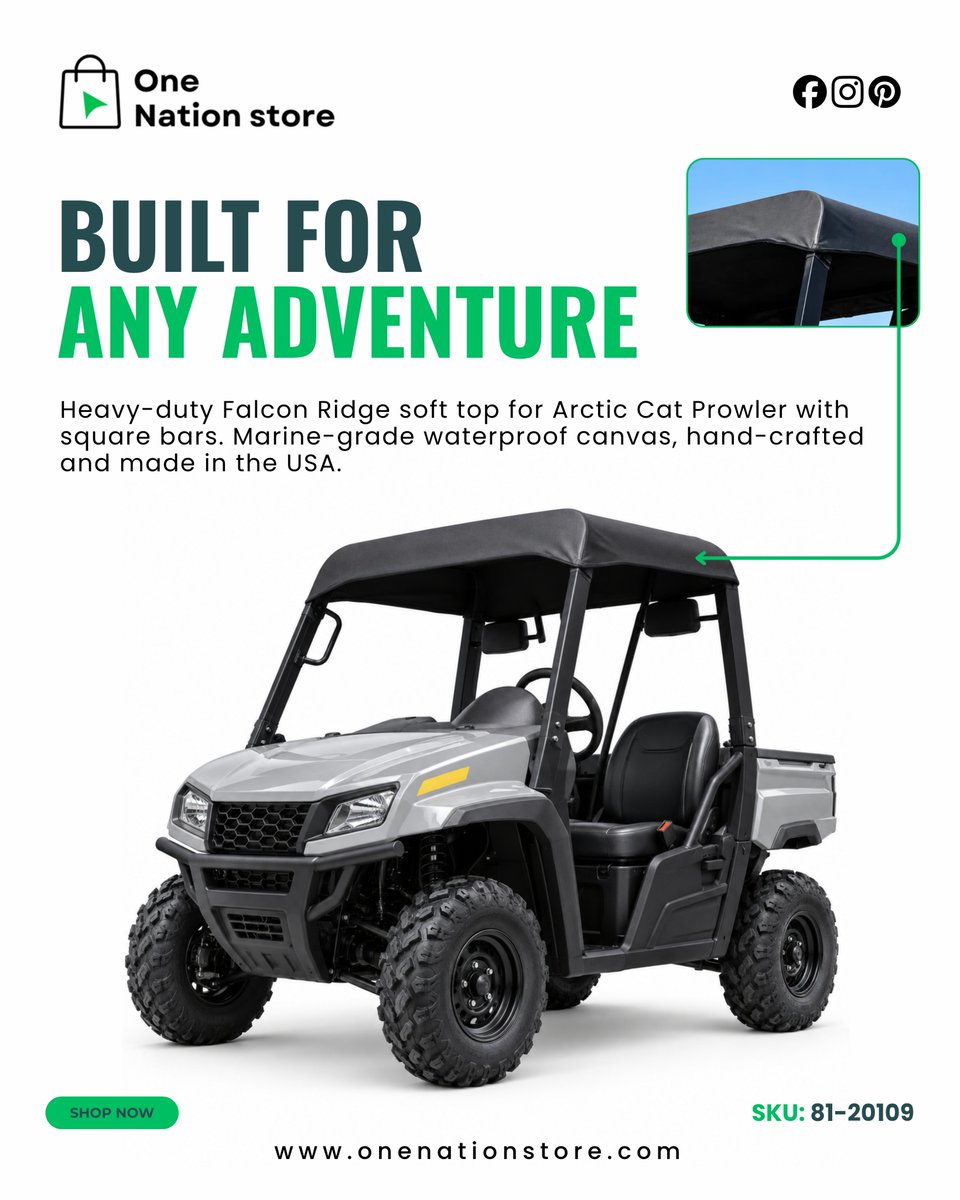 onenationstore's tweet photo. Built for any adventure. 🚜💨

The Falcon Ridge Heavy-Duty Soft Top delivers reliable protection with marine-grade waterproof canvas and a rugged design made for the Arctic Cat Prowler.

🛒 Shop now: https://t.co/zhoSxcgpZA
#UTVLife #FalconRidge #OneNationStore https://t.co/ZL0MOp0LSX