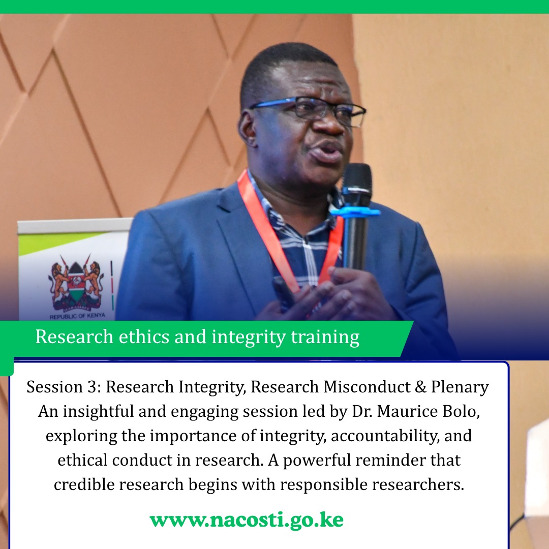 nacosti's tweet photo. This afternoon Dr. Maurice Bolo led an interactive session on Research Integrity and Misconduct. We discussed a case study on Research Ethics standard operating procedures (SOP) and picked out research integrity issues.

#ResearchEthicsTraining
#STICapacityStrengthening 
#RSTI https://t.co/tuZHOPvzqc