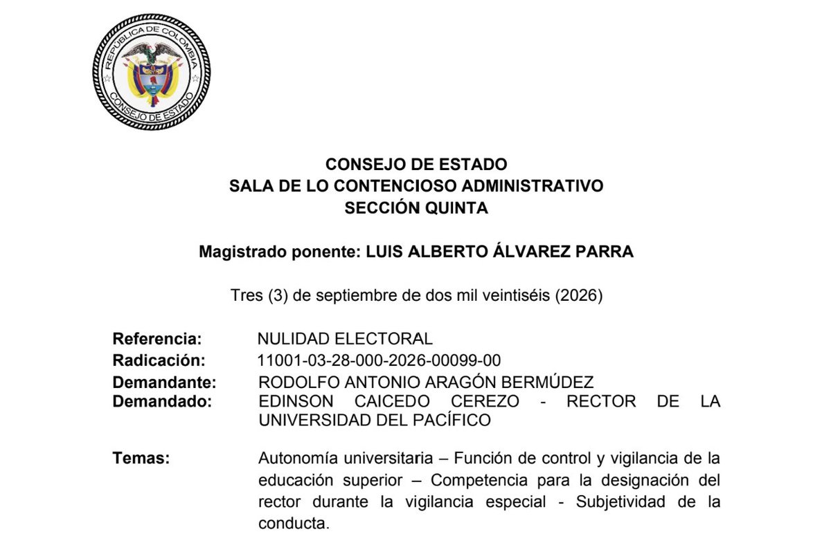 ColAboElectoral's tweet photo. El Consejo de Estado estudió la legalidad del reemplazo de un rector de la Universidad del Pacífico, institución sometida a vigilancia especial del Ministerio de Educación.

La controversia tuvo como origen el encargo como rector de Eliécer Cándelo Viáfara realizado por el Consejo Superior, mientras avanzaba la elección del rector en propiedad para el período 2026-2030.

Posteriormente, el Ministerio de Educación lo reemplazó y designó nuevamente a Edinson Caicedo Cerezo, quien, además, estaba inscrito como candidato a rector en propiedad.

Continúa leyendo en el siguiente hilo...
Link de la providencia: https://t.co/jy2pyKm8JU