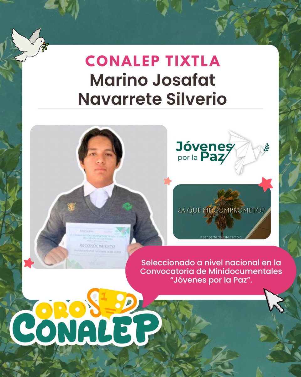 CONALEP_Mex's tweet photo. #OroCONALEP🏆
Felicitamos a Marino Josafat Navarrete Silverio, alumno del Plantel Conalep Tixtla e integrante del Club de Jóvenes por la Paz “Trabajando por la Igualdad”, por haber sido seleccionado a nivel nacional en la Convocatoria de Minidocumentales “Jóvenes por la Paz”. 🎬 https://t.co/75Oz3eK5VY
