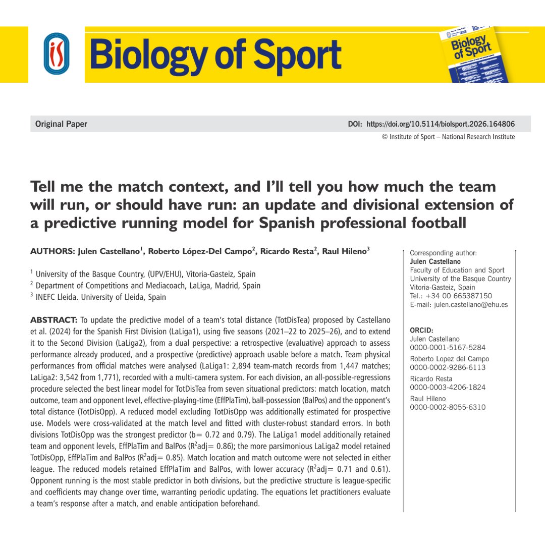 BiolSport's tweet photo. 🆕Paper: Tell me the match context, and I’ll tell you how much the team will run, or should have run: an update and divisional extension of a predictive running model for Spanish professional football
✍️Julen Castellano et al.
🔓🔗DOI: https://t.co/vMMDBkgLAq https://t.co/Tdu7ccA4VB