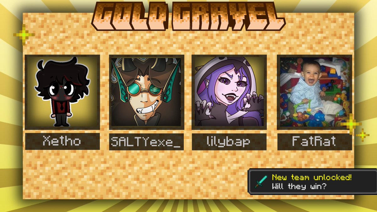 CreatorConquest's tweet photo. Introducing team Gold Gravel!

Xetho @SALTYexe_ @lilybaps @fatratlive 

Watch them in Creator Conquest 25 on Saturday 19th September at 3pm EST / 8pm GMT! https://t.co/ZpglpbuE4b