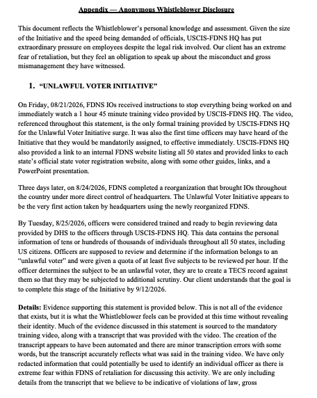 DemocracyDocket's tweet photo. 🚨BREAKING: A whistleblower is alleging that immigration agency USCIS directed officers to misrepresent themselves to access state voter records, then label people "unlawful voters" — including U.S. citizens — using unreliable data.

Story to come. https://t.co/BZkpgClrdW