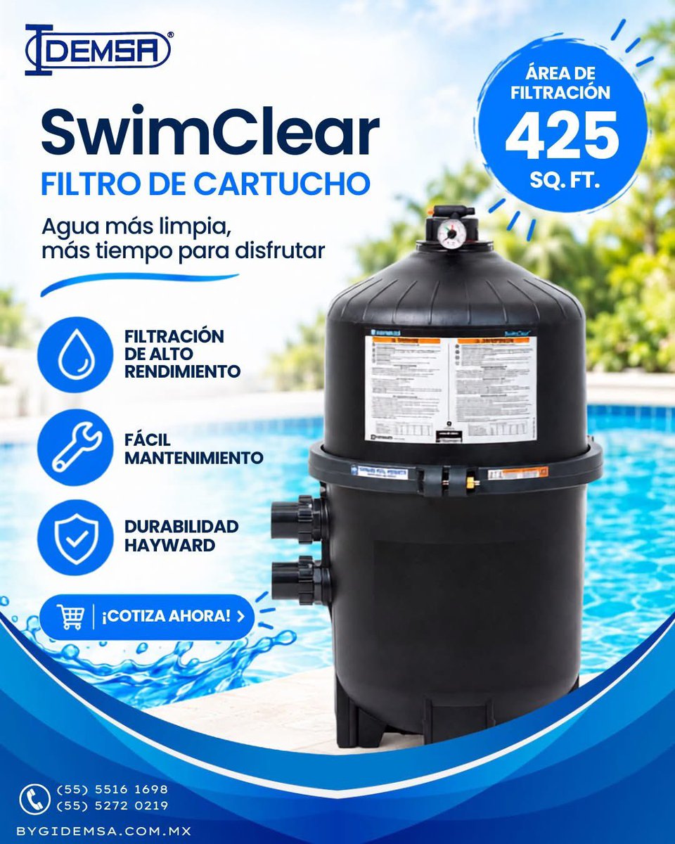 Idemsa's tweet photo. 💦 ¡Agua más limpia, más tiempo para disfrutar! 🏊‍♂️

Con el filtro de cartucho Hayward SwimClear™ de 425 ft², lleva la filtración de tu piscina a otro nivel. 💙

📩 ¡Cotiza ahora y encuentra la solución ideal para tu piscina! https://t.co/ybf7RvpYsT