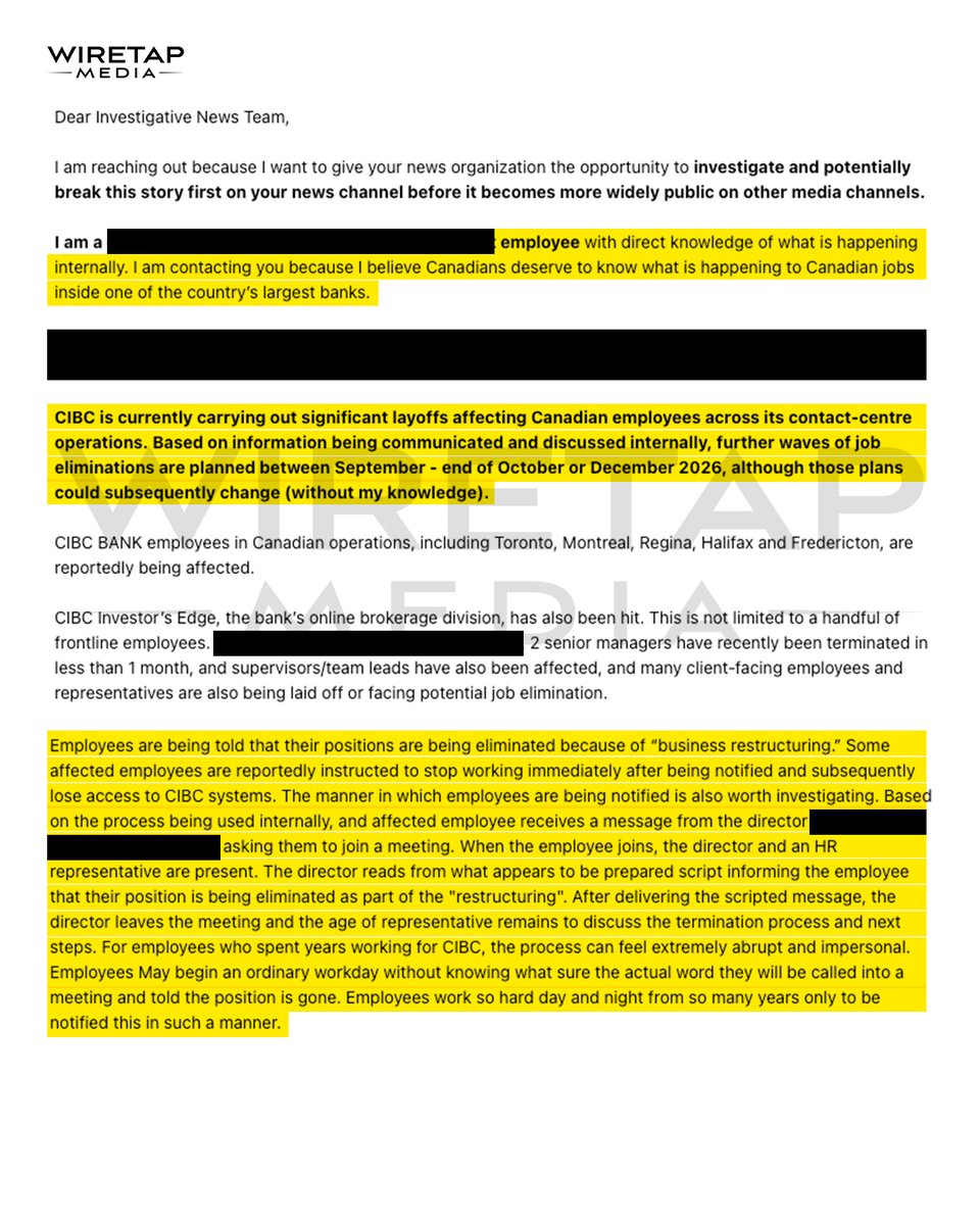 WiretapMediaCa's tweet photo. 🚨Insider Information Leaked🚨

A CIBC Whistleblower has revealed the bank will be carrying out significant layoffs to replace Canadians with cheap foreign labour through third-party agencies, Telus International/Telus Digital.

According to the anonymous source, employees are locked out of CIBC systems and asked to immediately stop working—then told that their positions are being eliminated due to business restructuring. 

More to come.
