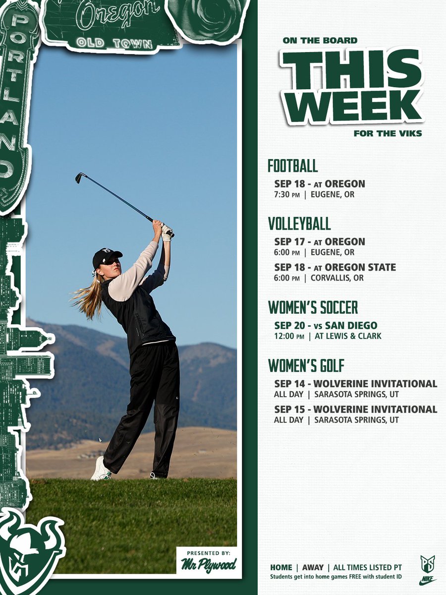 psuviks's tweet photo. What's on the board this week? 🗓️

🏈 @psuviksFB faces in-state powerhouse Oregon Friday.
🏐 @psuviksVB plays at Oregon Thursday, at Oregon State Friday.
⚽️ @psuviksWSOC hosts San Diego at Lewis & Clark College Sunday.
⛳️ @psuviksWGOLF opens its season at the Wolverine Invitational.

#GoViks | #DefendTheShip