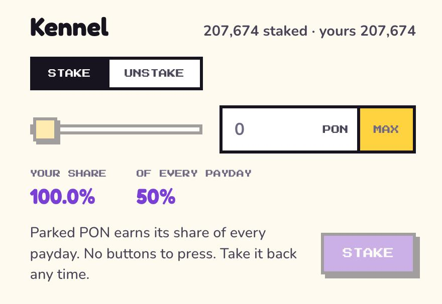 ponwardgame's tweet photo. Half of every payday goes to people who do nothing.

Each hour $PON pays out 2.5% of its belly. 
Half of that is split among the carers who showed up that hour. 
The other half goes to the kennel - split among everyone with $PON staked, by size.

Care is work. 
Care points decay, and you have to be there every hour to earn them.

Staking isn't. 
You park $PON and it collects from every single payday while you're asleep. 
No buttons to press, nothing to claim on a timer and you can take it back any time. 
It's never locked.

Your slice is just your stake over everyone's. 
So the fewer people in the kennel, the bigger your half gets.

And every meal burns $PON forever. 
The pool you're staking into is a shrinking one.