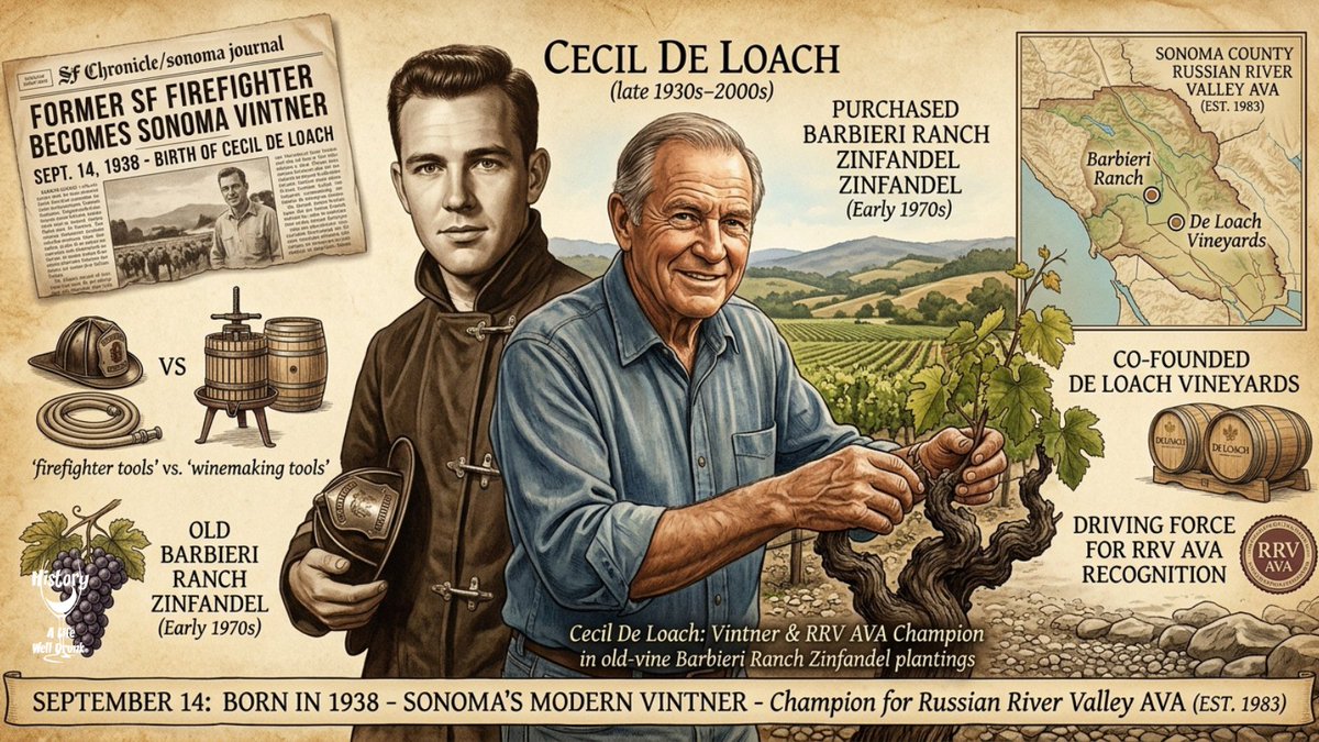 ALifeWellDrunk's tweet photo. Born Sept 14, 1938, ex-SF firefighter Cecil De Loach co-founded De Loach Vineyards, shaping Russian River Valley AVA. #WineHistory #WineEducation #California https://t.co/UwGnsxxgS2
