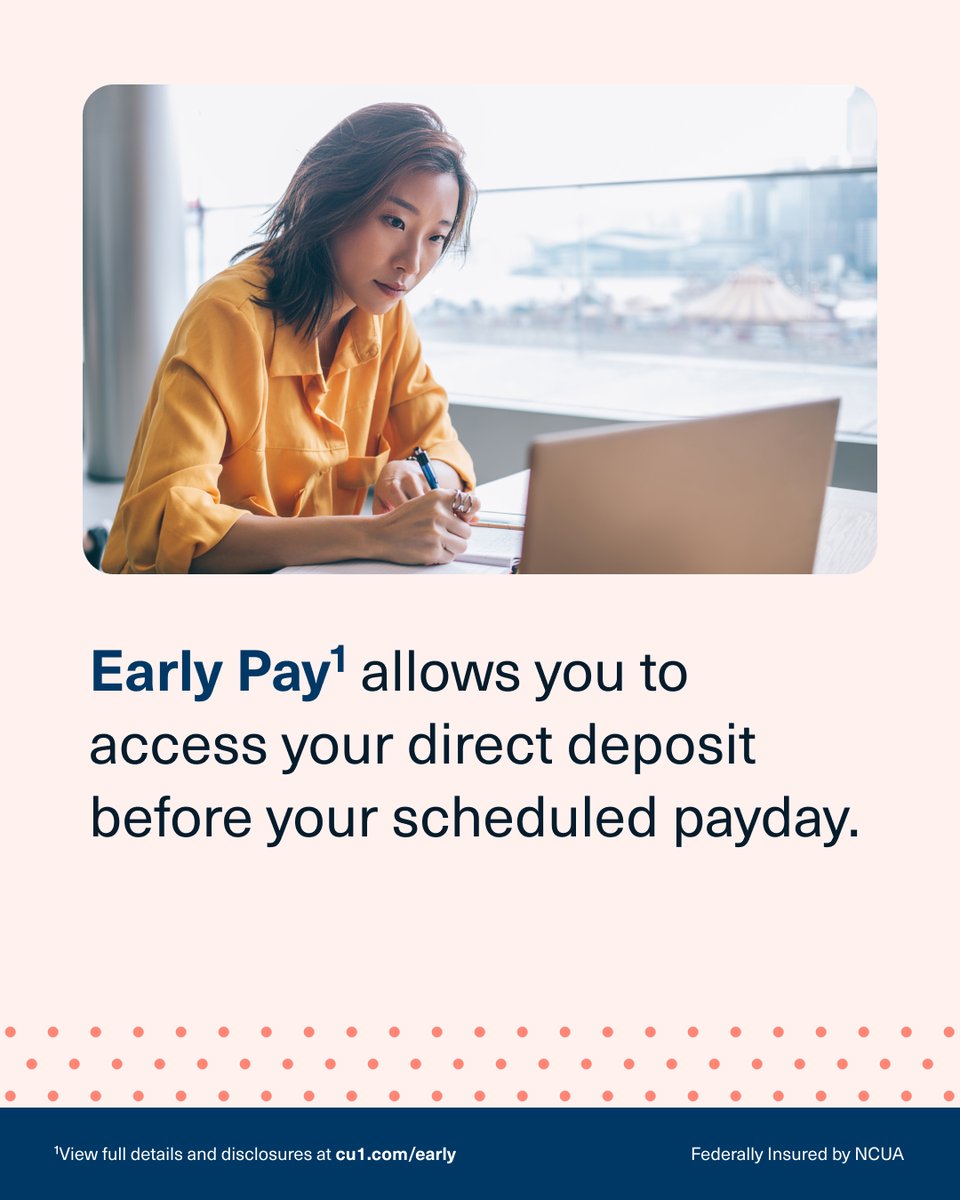 CU1forAll's tweet photo. Accessing your paycheck up to two days early makes managing your money easier, but how does it work? 

Learn more about how you can get paid up to two days early with CU1 at https://t.co/ZycAAl6YVB. Federally Insured by NCUA. https://t.co/IBfNVnvHQB