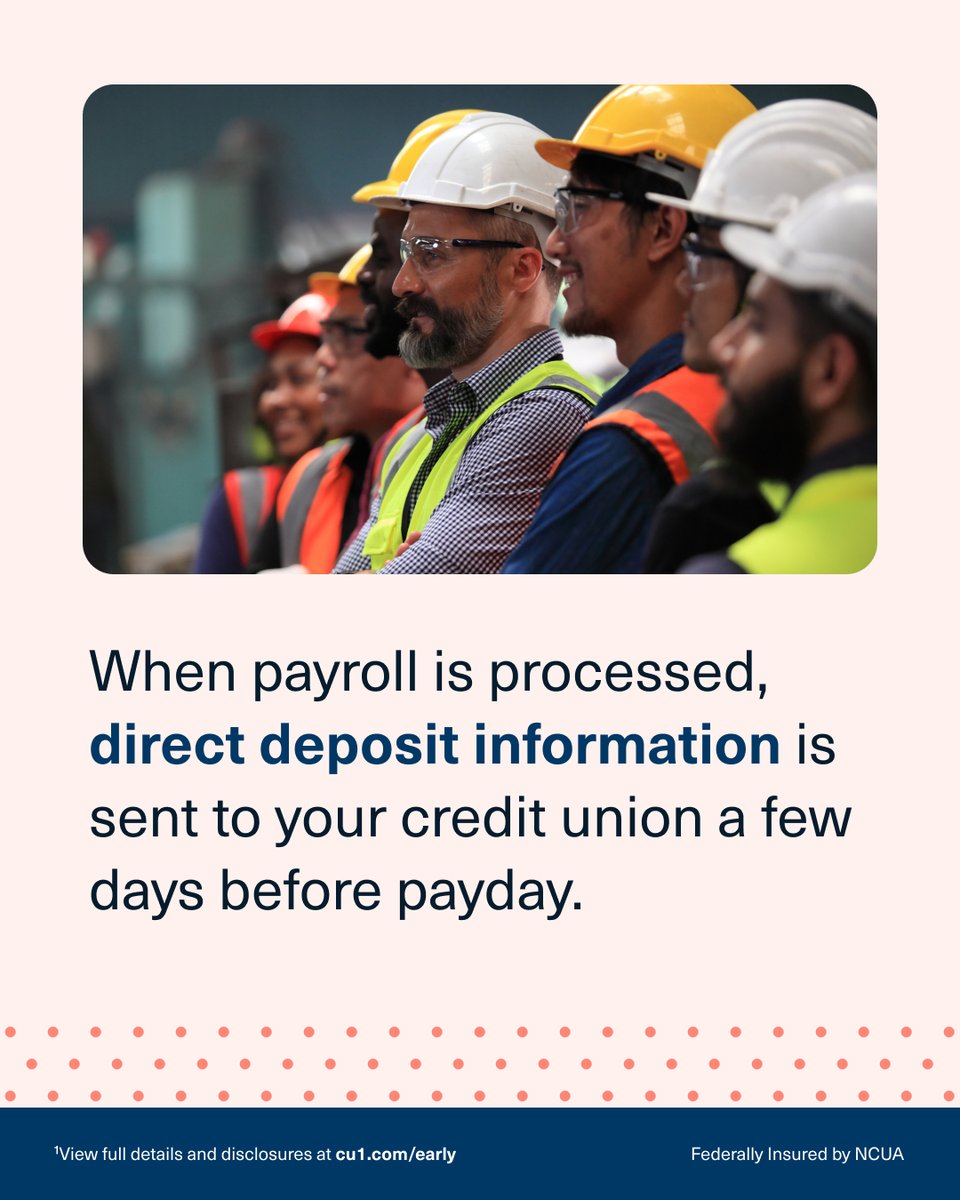 CU1forAll's tweet photo. Accessing your paycheck up to two days early makes managing your money easier, but how does it work? 

Learn more about how you can get paid up to two days early with CU1 at https://t.co/ZycAAl6YVB. Federally Insured by NCUA. https://t.co/IBfNVnvHQB