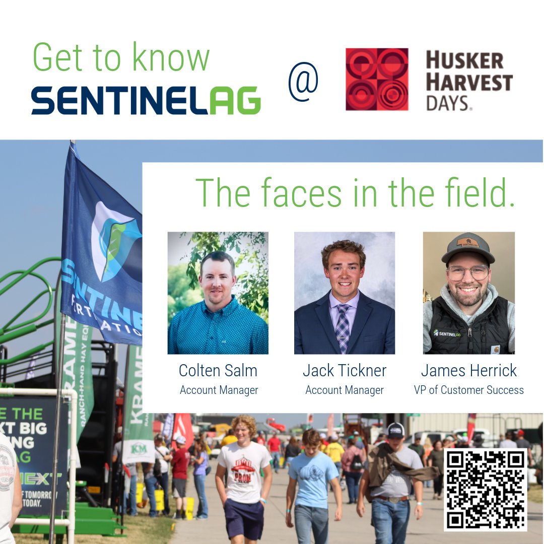 Sentinel_Ag's tweet photo. We're at Husker Harvest Days. Scan the QR code to reach our team directly. Catch us Tuesday 9/15 at Balz Sports Bar on State St. in Grand Island, 4:30–5:00 PM. #HuskerHarvestDays #PrecisionAg #SentinelAg https://t.co/rHju4o2k6x