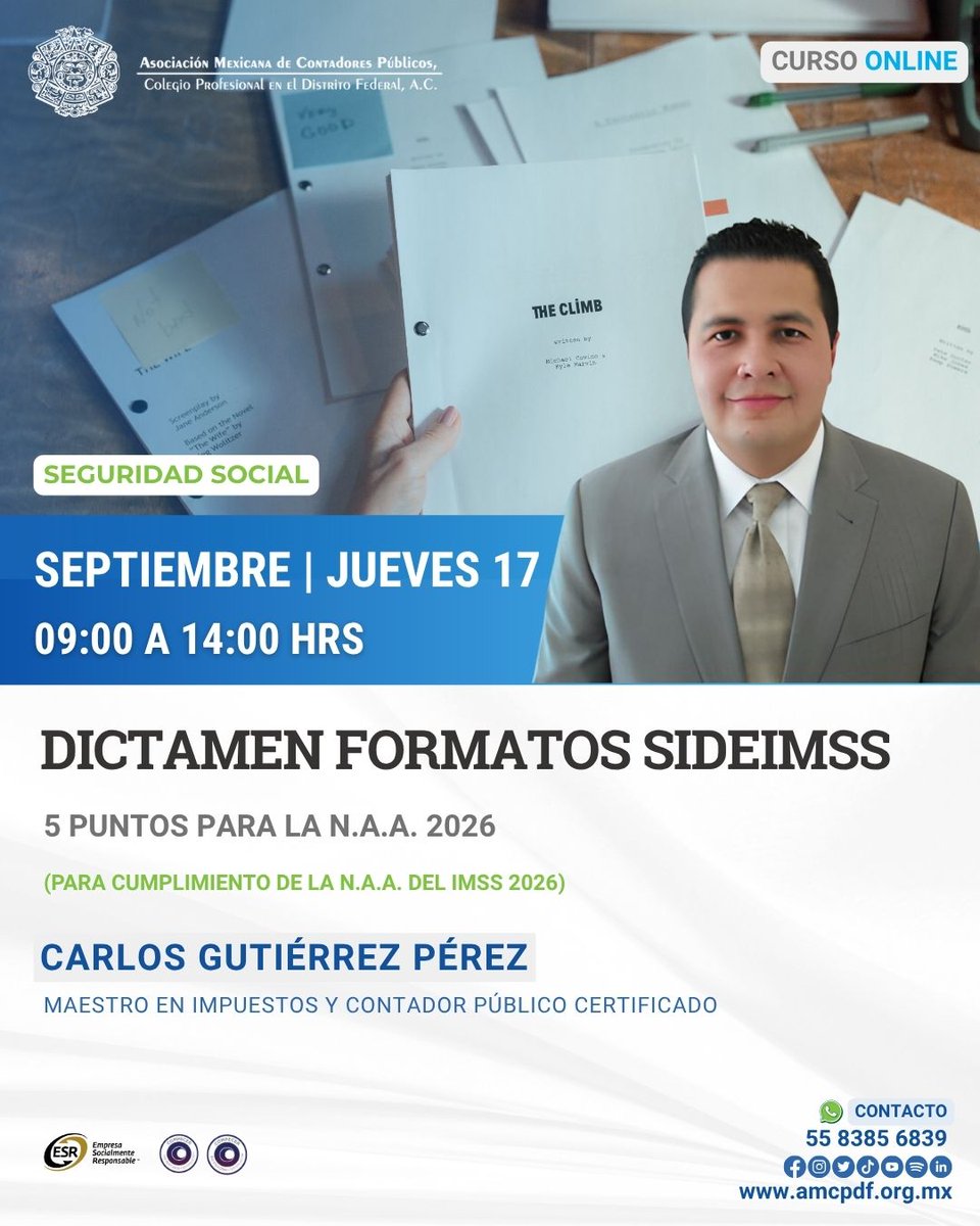 amcpdf's tweet photo. 📋 Participa en el curso “Dictamen: formatos SIDEIMSS”, impartido por el Mtro. Carlos Gutiérrez Pérez, y conoce los aspectos clave para cumplir adecuadamente con esta obligación.

💻 Curso online | 5 puntos N.A.A. 2026
🔗 Inscríbete: https://t.co/UsKC3Dpxsk
#AMCP https://t.co/Ggp6g1sYYH
