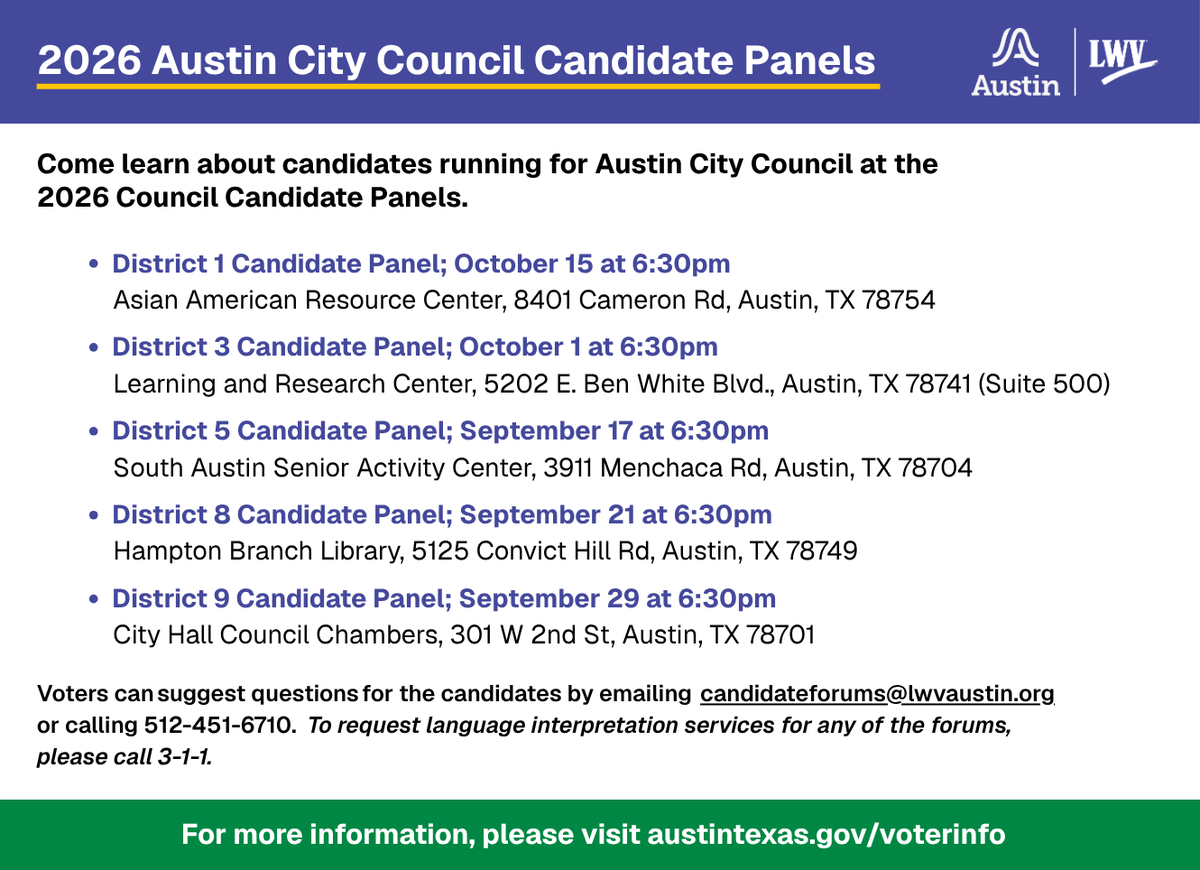 austintexasgov's tweet photo. The City of Austin + the City’s Ethics Review Commission will sponsor live candidate panels for the November 2026 City Council and Mayoral elections. 📋

Join us in September and October for panels moderated by @lwvatx. ✔️

👉 Learn more: https://t.co/sQyRiQSroo https://t.co/j8FiyGafkw