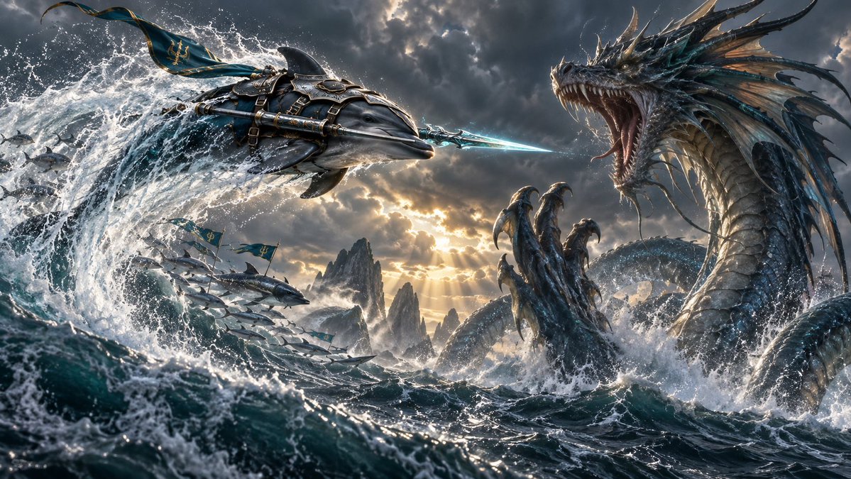 NIGHTSHADE8850's tweet photo. From the storm, a knight rises. 🐬⚔️🌊

No horse.
No castle.
No hesitation.

Just steel, saltwater, and one absolutely unreasonable dolphin charging a sea dragon like the ocean itself declared war. 🔥
#DolphinChallenge #FantasyArt #EpicArt #AIArt https://t.co/l3zw7RVHu2