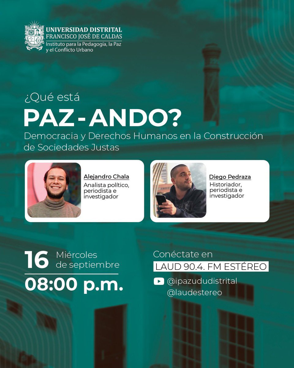 Ipazud's tweet photo. QuéEstáPazando | Democracia y Derechos Humanos en la Construcción de Sociedades Justas

🤔¿Puede existir una democracia plena cuando los derechos humanos no están garantizados para todos?

Escúchenos este miércoles 16 de septiembre de 8 a 9 pm por @LaudEstereo https://t.co/Lt3V2Ok78u