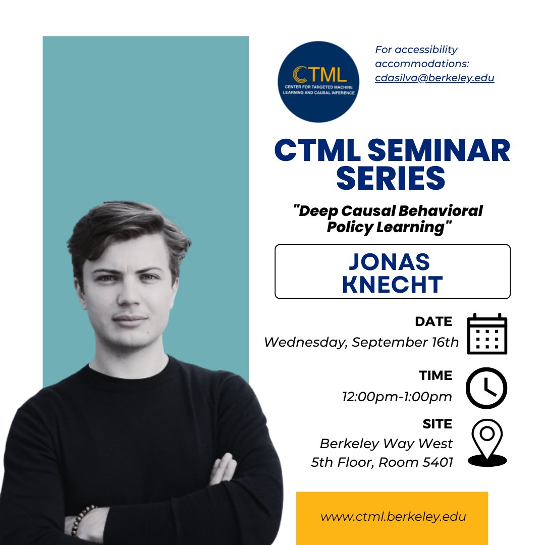 BerkeleyCTML's tweet photo. This week’s CTML Seminar brings another thought-provoking discussion! Join us on Sept 16 to hear from Jonas Knecht, co-founder and co-CTO of Knit Health and CTML Visiting Researcher, presenting his talk on "Deep Causal Behavioral Policy Learning." https://t.co/o9wwMKPd80