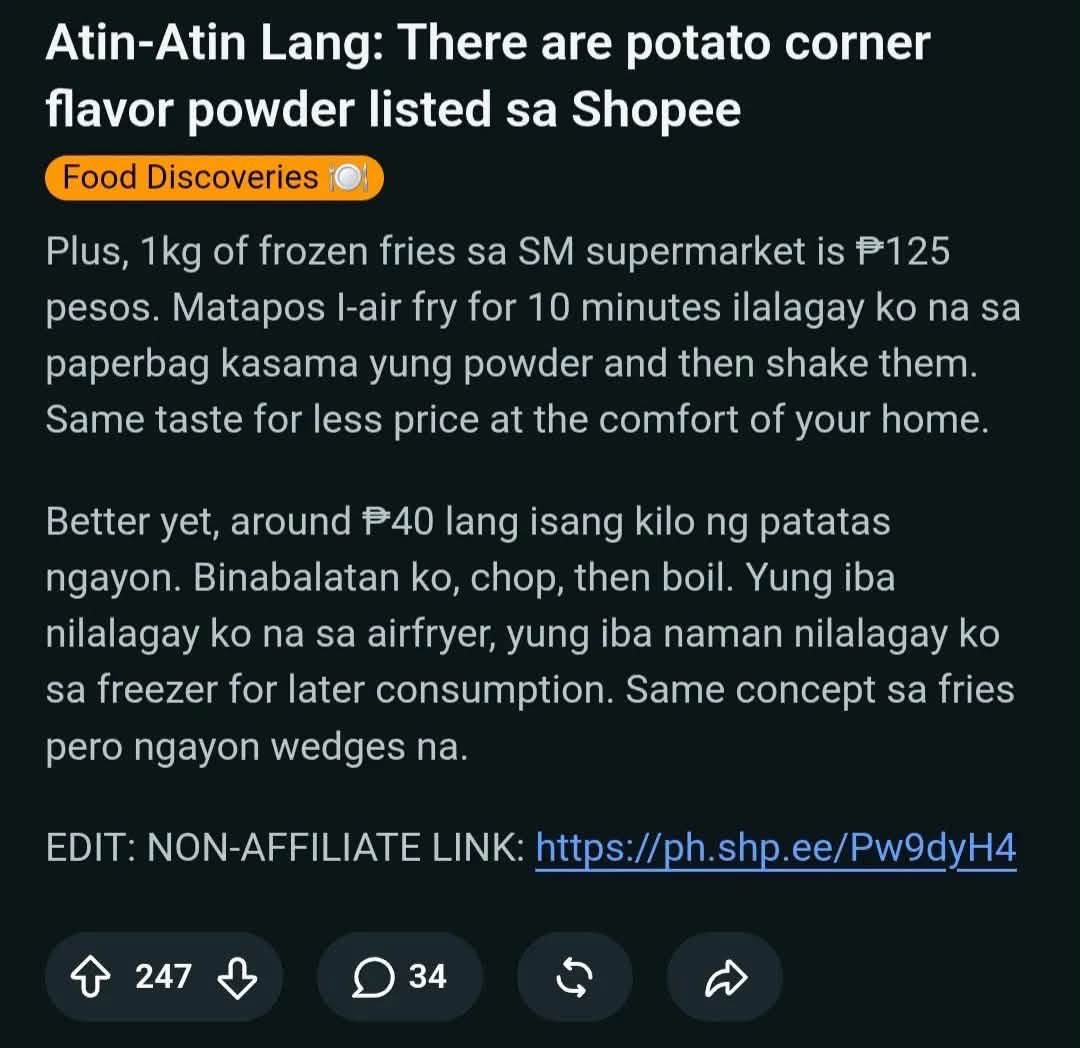 itsamivibesbfhy's tweet photo. SALAMAT SA NAGSHARE NG HACK ABT SA POTATO CORNER!😭 SANA LAGING MASARAP ULAM MO!

based sa mga chika, yung powder daw is frm Ferna tas yung fries is Aviko Fries (ayon sa mga staff mismo👀)

eto yung exact fries+powder, icocomment ko para sabaysabay tayo makatipid pag nag-crave✨ https://t.co/I4koV94bKq