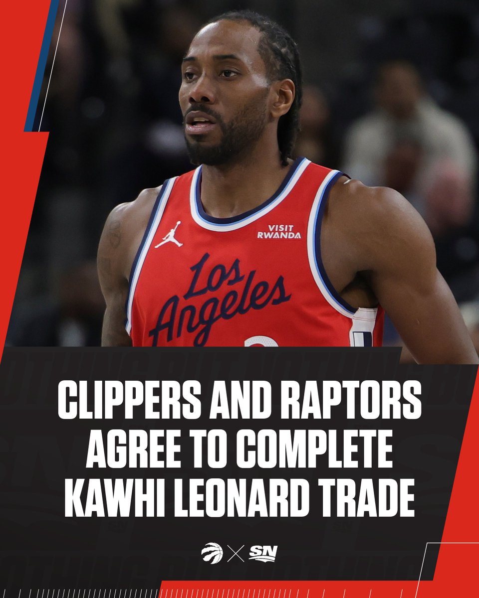 Sportsnet's tweet photo. DONE DEAL 🦖

The Clippers and Raptors have agreed to complete the trade sending Kawhi Leonard to Toronto, per @ShamsCharania. https://t.co/6VwXwIrOJk