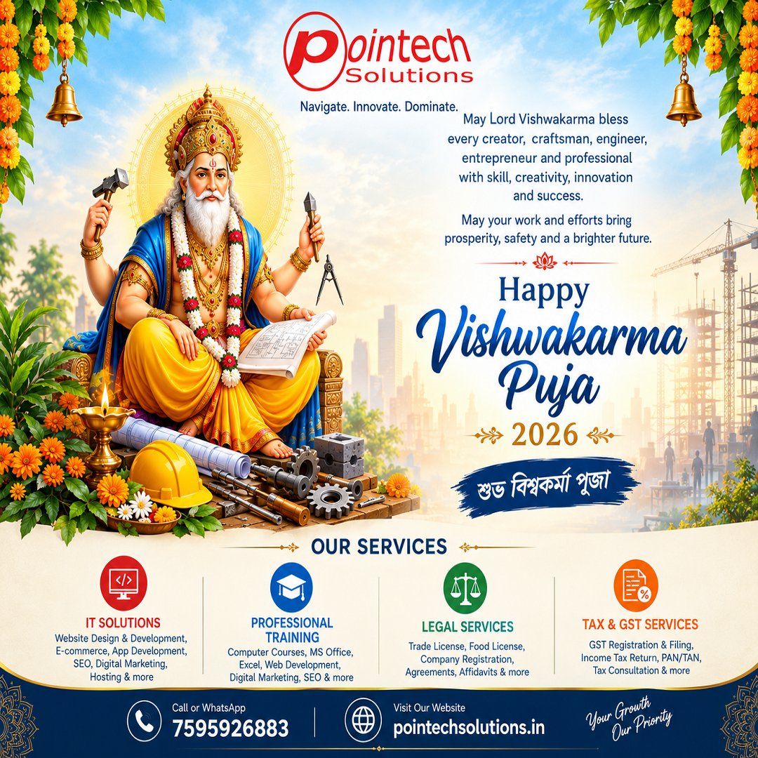PointechS's tweet photo. May Lord Vishwakarma bless us with skill, creativity, innovation and success, and guide every effort towards excellence and prosperity.

Happy Vishwakarma Puja 2026!
#VishwakarmaPuja2026 #VishwakarmaPuja #LordVishwakarma #Innovation #Craftsmanship #Success #pointechsolutions https://t.co/GWLVfgrsey