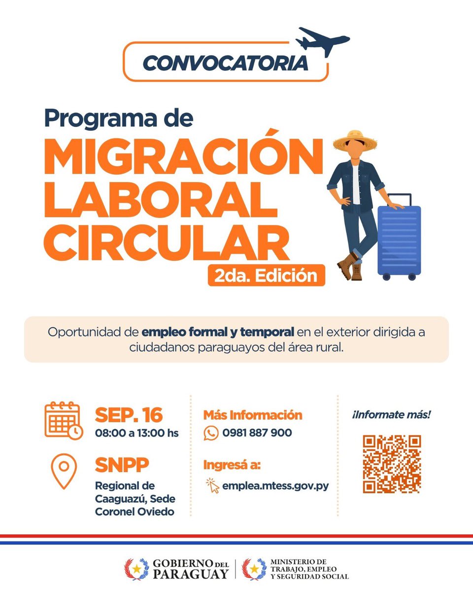 MTESS_PY's tweet photo. #EmpleoCircular | Impulsamos la 2.ª edición del Programa de #MigraciónLaboralCircular, una oportunidad de empleo formal y temporal en el exterior, dirigida a ciudadanos paraguayos vinculados al área rural.

📍 Coronel Oviedo
📅 16 de septiembre
🕗 08:00 a 13:00
📌 SNPP Regional Caaguazú – Sede Coronel Oviedo

📍 Caaguazú
📅 17 de septiembre
🕗 08:00 a 13:00
📌 Centro de Desarrollo Agropecuario

Las personas interesadas podrán acercarse a las jornadas para conocer los requisitos, recibir orientación e iniciar el proceso correspondiente.

🔎 Más información: https://t.co/feIHhth5B9
📲 WhatsApp: 0981 887 900

Una nueva oportunidad para acceder a una experiencia laboral formal en el exterior, adquirir conocimientos y luego trasladar esas capacidades al Paraguay.