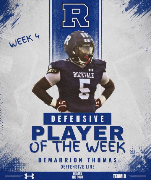 Rockvale_FB's tweet photo. Help us congratulate our Week 4 players of the week in our 49-7 victory over Stewarts Creek. 

@iamjamarcusb_2 
@quincyfinley4 
@DeMarrionT2027 
Jaiden Hudson 

#WeAreTheRock🪨 #Team8 https://t.co/7uxL7MZ2Fw