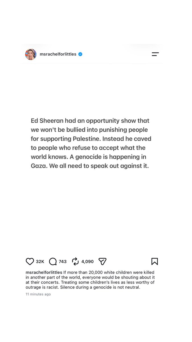 prem_thakker's tweet photo. Ms. Rachel:
"Ed Sheeran had an opportunity…Instead he caved to people who refuse to accept what the world knows."

"If more than 20,000 white children were killed…everyone would be shouting…Treating some children's lives as less worthy of outrage is racist." https://t.co/SNPKb7N2NA