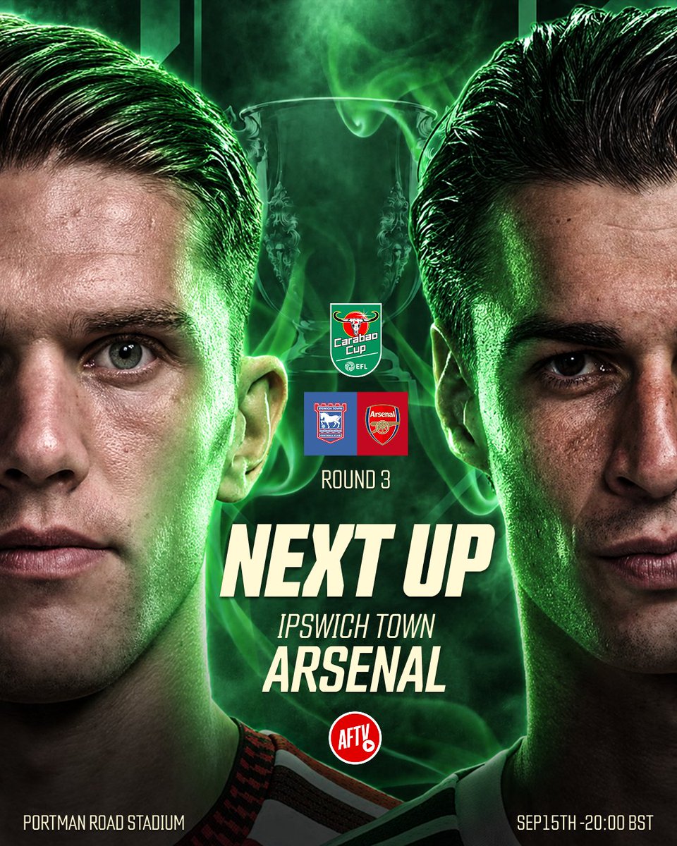 AFTVMedia's tweet photo. 𝐔𝐏 𝐍𝐄𝐗𝐓: Ipswich away! ⚔️🔴

Our Carabao Cup campaign begins at Portman Road. Let’s book our place in the next round! 🏆💪

Who would you like to see in our starting XI, Gooners? 👇 https://t.co/o6s6Asqn9O