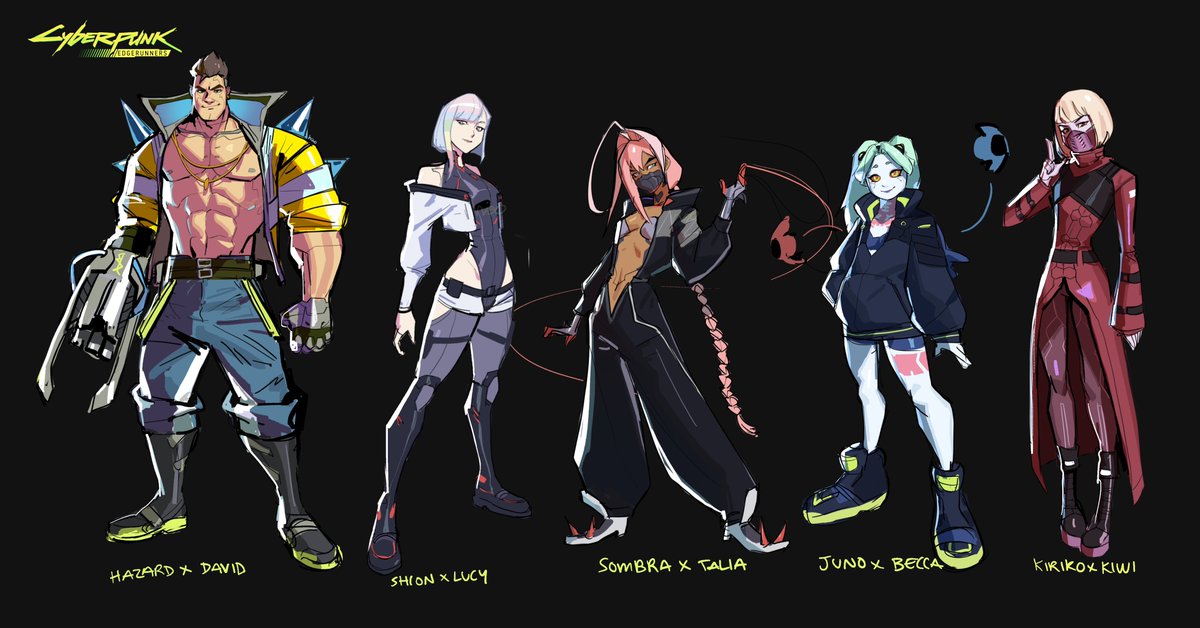OverwatchNaeri's tweet photo. Overwatch x Cyberpunk: Edgerunner Skin Fan Concept Art 🔻

David: Hazard
Lucy: Sion
Talia Yang: Sombra
Rebecca: Juno
Kiwi: Kiriko

#Overwatch x Cyberpunk: Edgerunner collaboration will be released next year. Which hero would you like to see receive a skin?

🎨Artist: @hao0047 https://t.co/9VyT6Rvc7v
