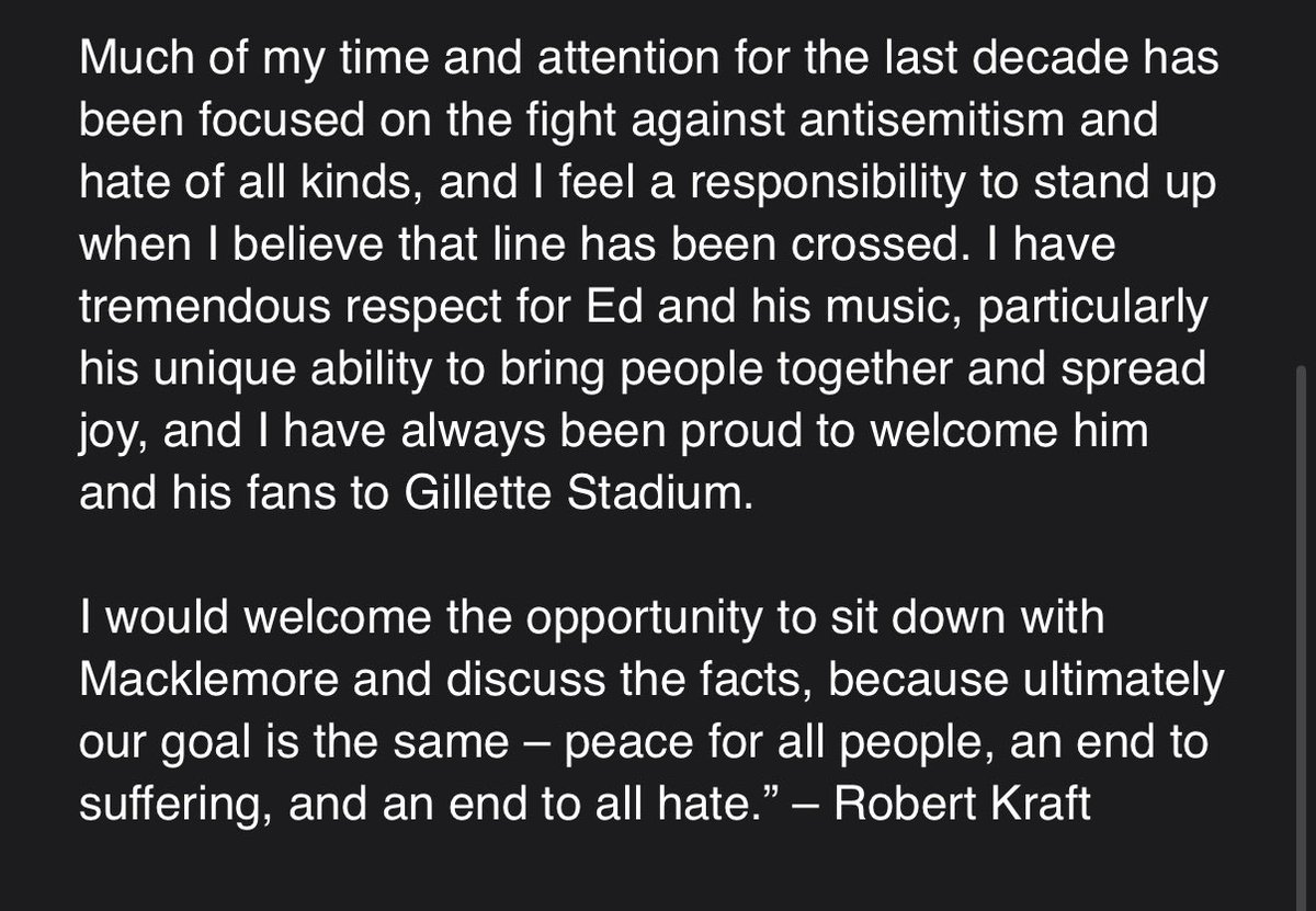 jjones9's tweet photo. Statement from Patriots owner Robert Kraft after Macklemore was dropped from Ed Sheeran’s tour following what Macklemore described as Kraft’s intervention after the singer advocated for Palestine during a recent concert https://t.co/WRkAt6jBzZ