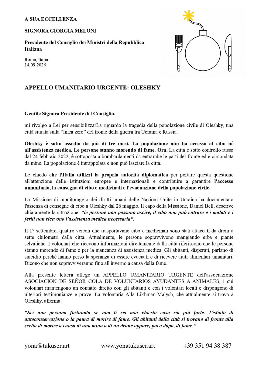 YonaTukuser's tweet photo. Su richiesta dei volontari dell’organizzazione @senor.cola, ho inviato alla Presidente del Consiglio dei Ministri italiana Giorgia Meloni @giorgiameloni la loro lettera «Appello umanitario urgente: Oleshky». #Oleshky non deve essere lasciata sola di fronte a questa tragedia. #SOS https://t.co/6mSN8ta0J4